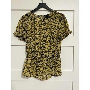 Who What Wear Women's Sheer Floral Black Blouse With Gold Flowers Size M